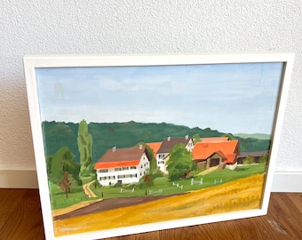 Vintage origineel ingelijst Zwitsers landschapsschilderij: Rütihof bei Herrliberg door Nancy Sommer, 1977