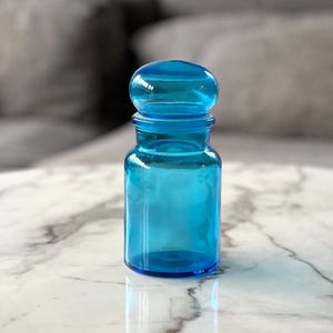 Vintage 70s Belgian Blue Glass Apothecary Jar with bubble lid: Retro Storage Canister