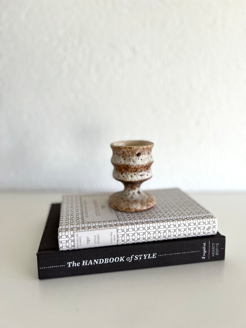 Pu&ograve; includere: Due libri impilati uno sopra l'altro. Il libro superiore &egrave; un libro con un motivo bianco e grigio con il titolo "Piccole donne" di Louisa May Alcott. Il libro inferiore &egrave; nero con il titolo "The Handbook of Style" e il testo "Esquire Heart Books". Un piccolo vaso in ceramica bianca con macchie marroni si trova sopra i libri.