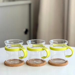 Vintage Bodum Bistro Tea Cups: Lime Green Glass Set with Cork Coasters