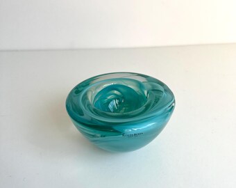 Kosta Boda Atoll Teal Swirl Bowl: Swedish Art Glass Candle Holder