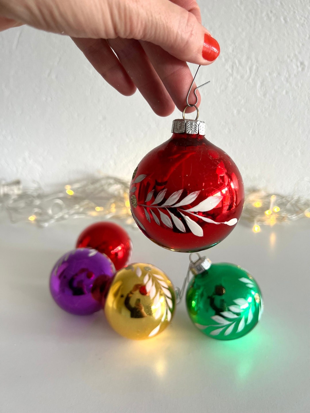 Set of 5 Vintage Glass Baubles, Vintage Colourful Glass Baubles, Retro