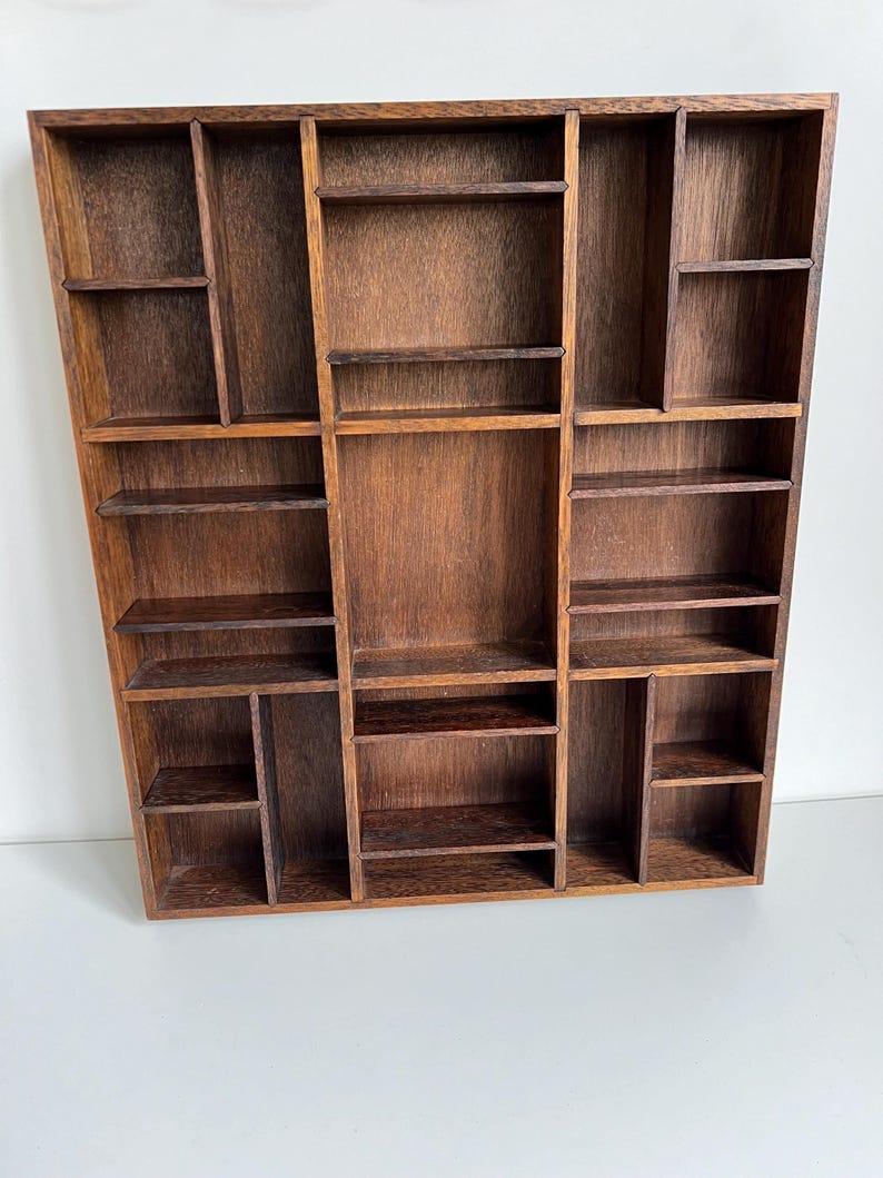 Rectangular Dark Wood Adjustable Vintage Curio Shelf for Displaying