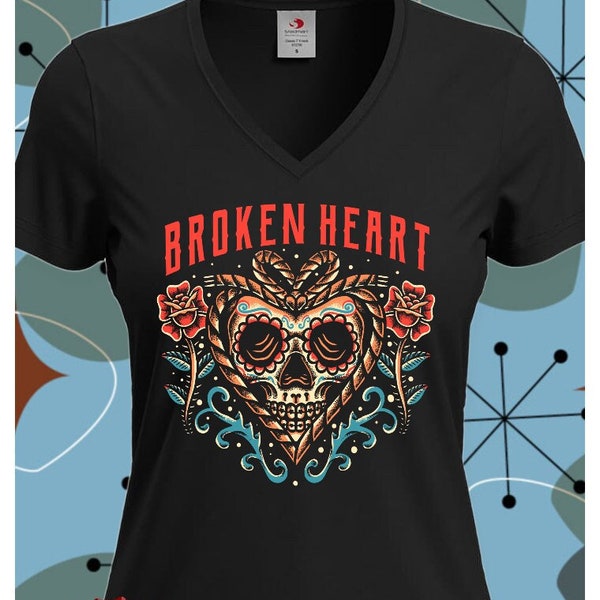 Broken Heart Damen T Shirt auf Schwarz Tattoo Rockabilly Oldschool