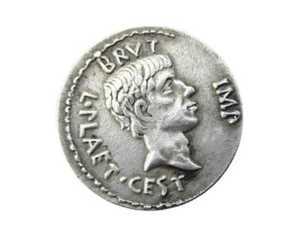 Brutus Assassin of Julius Caesar,Ides of March coin, Ancient Roman Empire Denarius Coin, Silver Plated Coin Replica, Reproduction Roman Coin