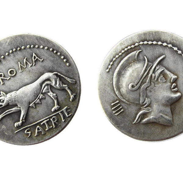 P. Satrienus met She Wolf 77BC Munt, Oude Romeinse Republiek Denarius Munt, Verzilverde Munt Replica, Reproductie Romeinse Munt