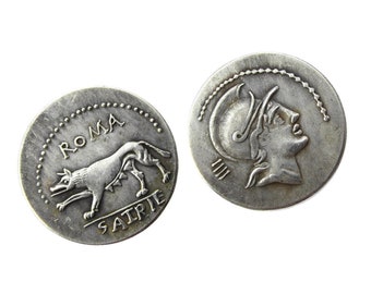 Satrienus 77 BC Coin, Ancient Roman Republic Denarius Coin, Silver Plated Coin Replica, Reproduction Roman Coin