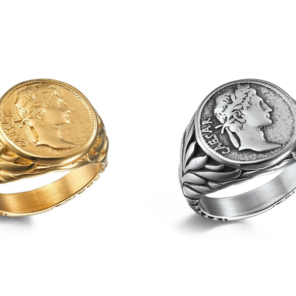 Roman Style Ring, Julius Caesar Head Ring, Roman Coin Ring