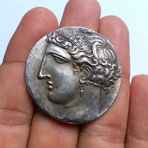 Ancient Carthage Sicily Siculo-Punic 260 BC Decadrachm Coin, Silver Plated Replica, Reproduction Greek Coin
