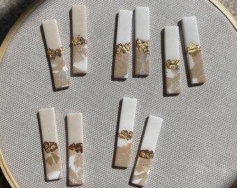 Resin Art Handmade Stone Bar Earrings Polymer Clay Earrings One of a Kind Gold and White