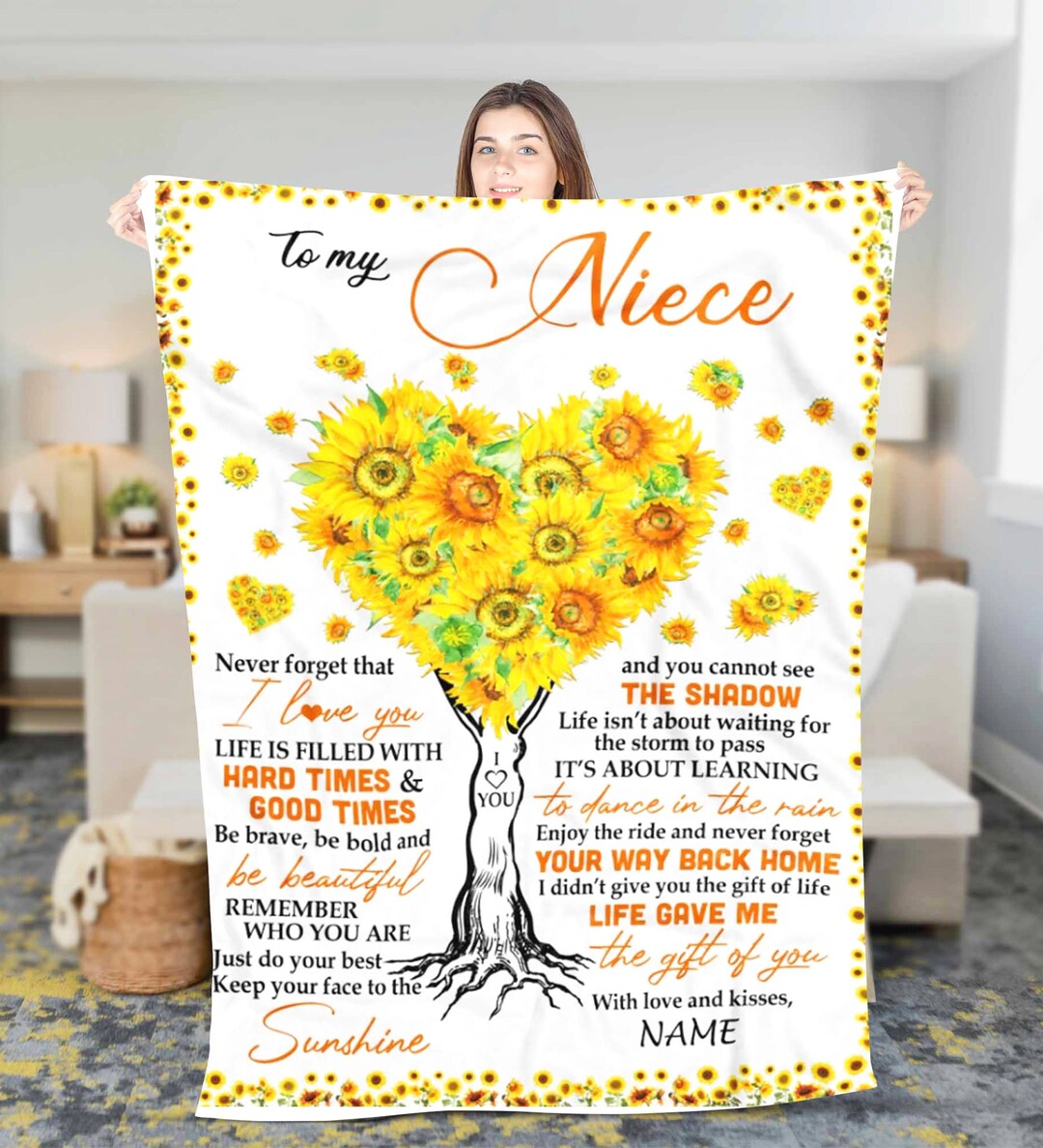 Personalized to My Niece Sunflower Fleece Sherpa Blanket Gifts for