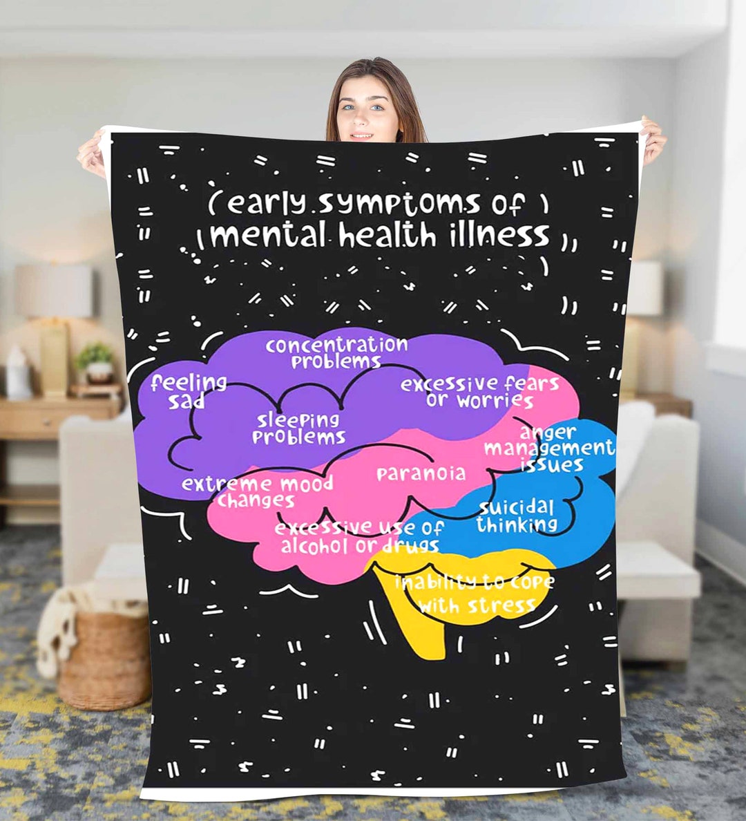 Psychology Early Symptoms With Black Style Fleece Sherpa Blanket, Mental Health Gift, Mental