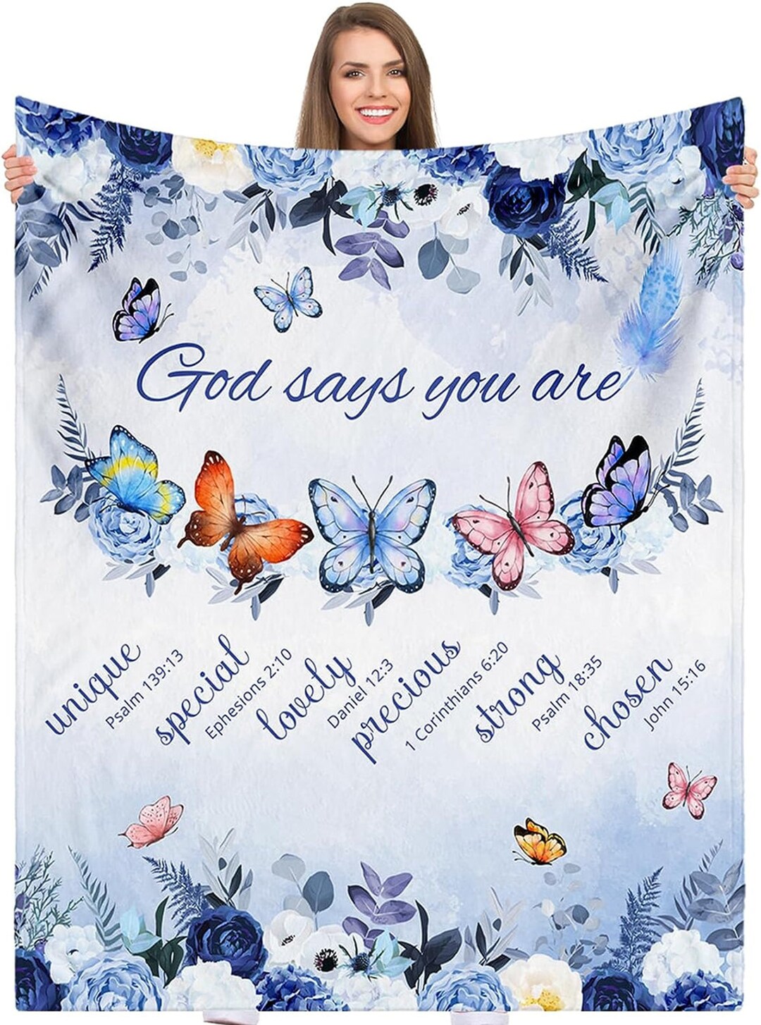 Christian Blanket God Says You Are Blue Rose Butterfly Fleece Blanket