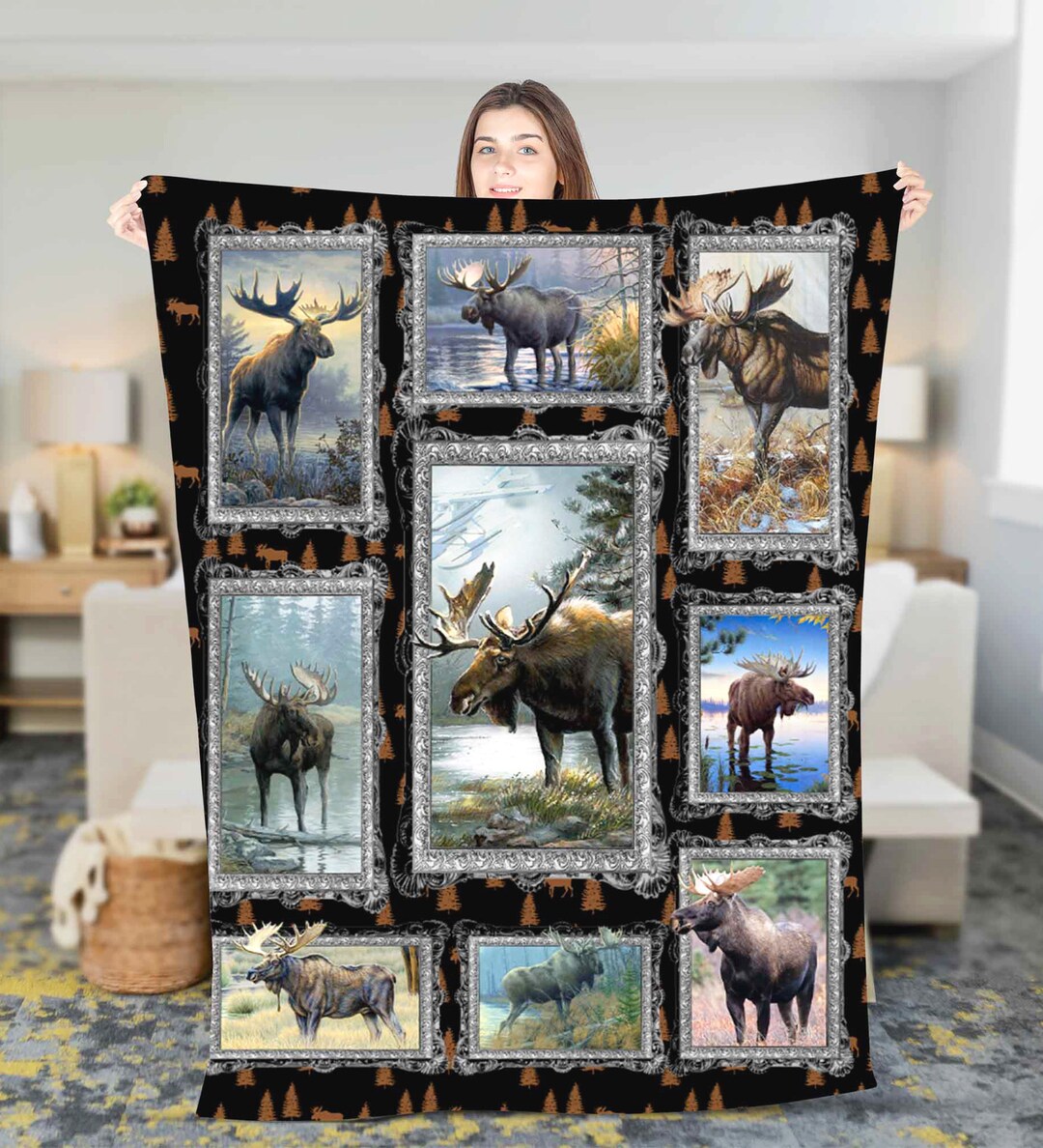 Moose Fleece Sherpa Blanket, Christmas Blanket Gift, Birthday Gift