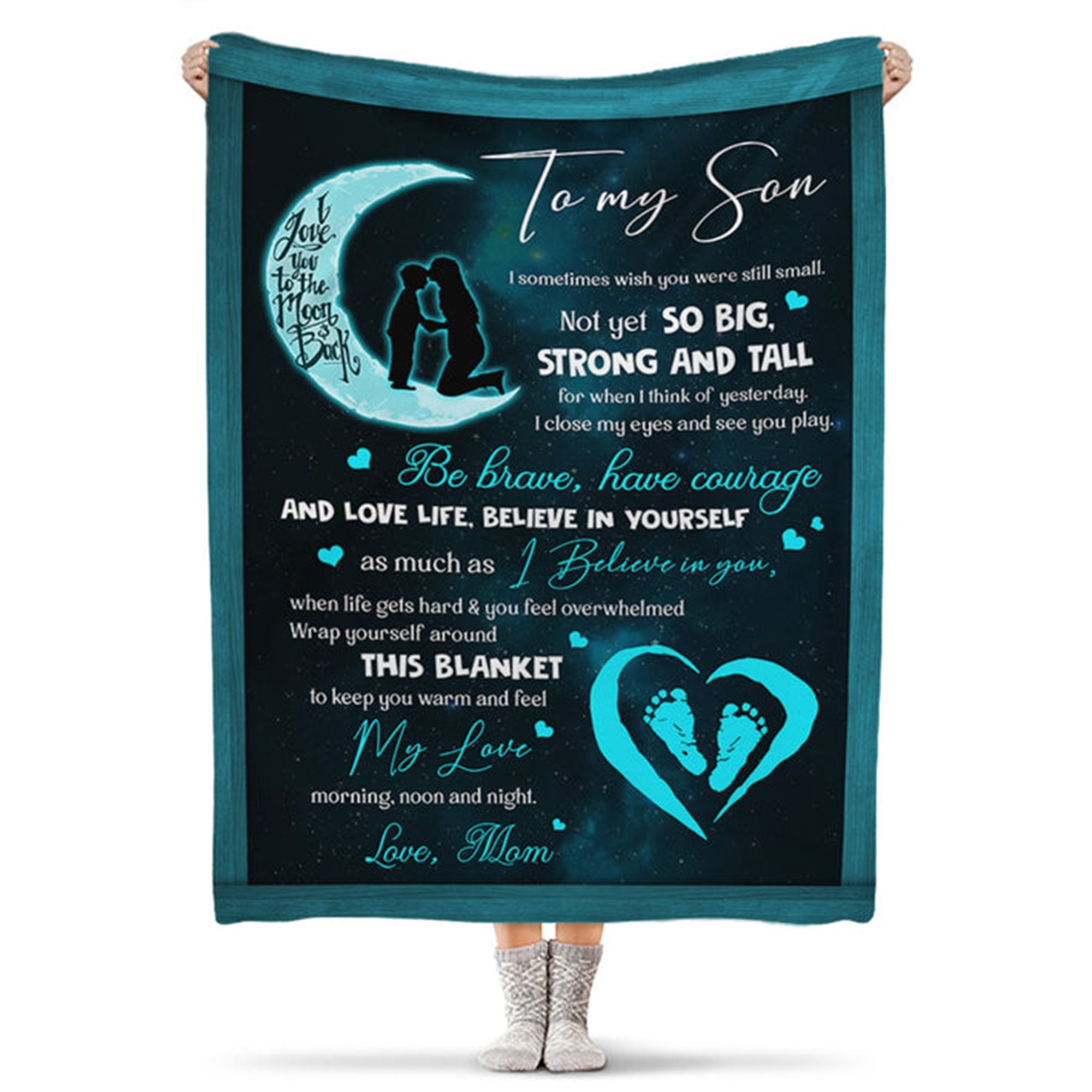 Discover Personalized To My Son Blanket Lighting Footprint In Heart Custom Fleece Blanket Birthday Gifts From Mom Happy Decor Son Blanket Mom To Son