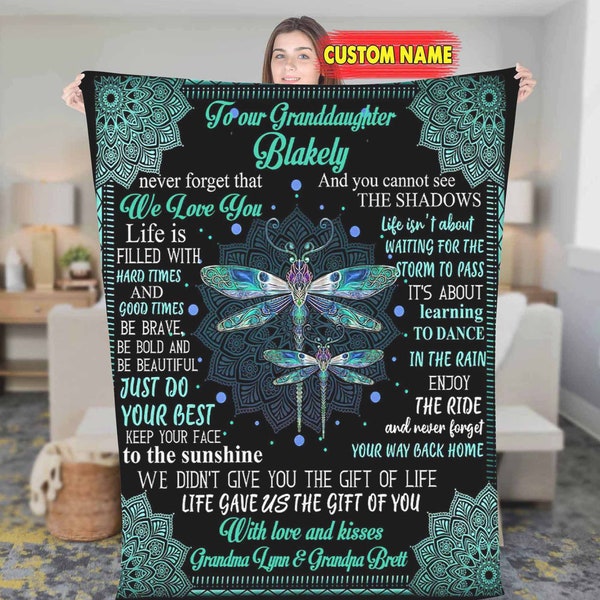 Personalized To My Granddaughter Dragonfly Fleece Sherpa Blanket Birthday Gifts From Grandma For Granddaughter Christmas blanket with name
