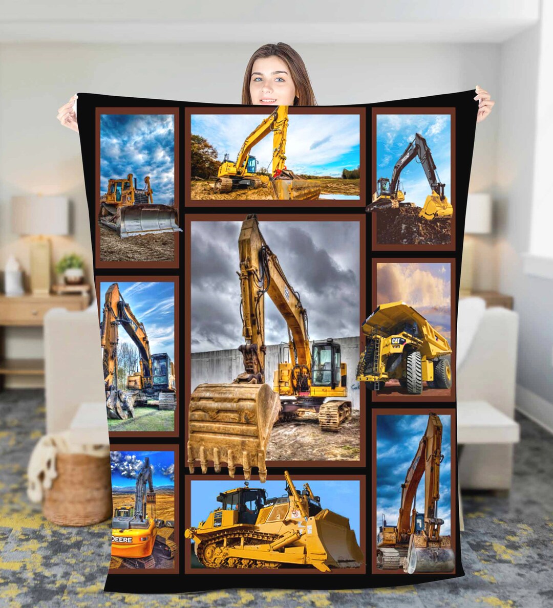 Excavator Fleece Sherpa Blanket, Christmas Blanket Gift, Birthday Gift