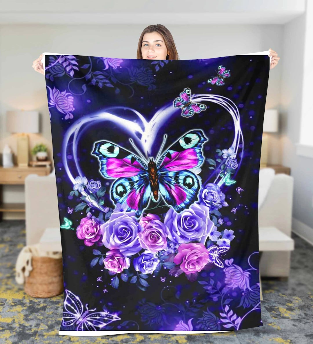 Romantic Butterfly Fleece Sherpa Blanket Birthday Gift for Daughter