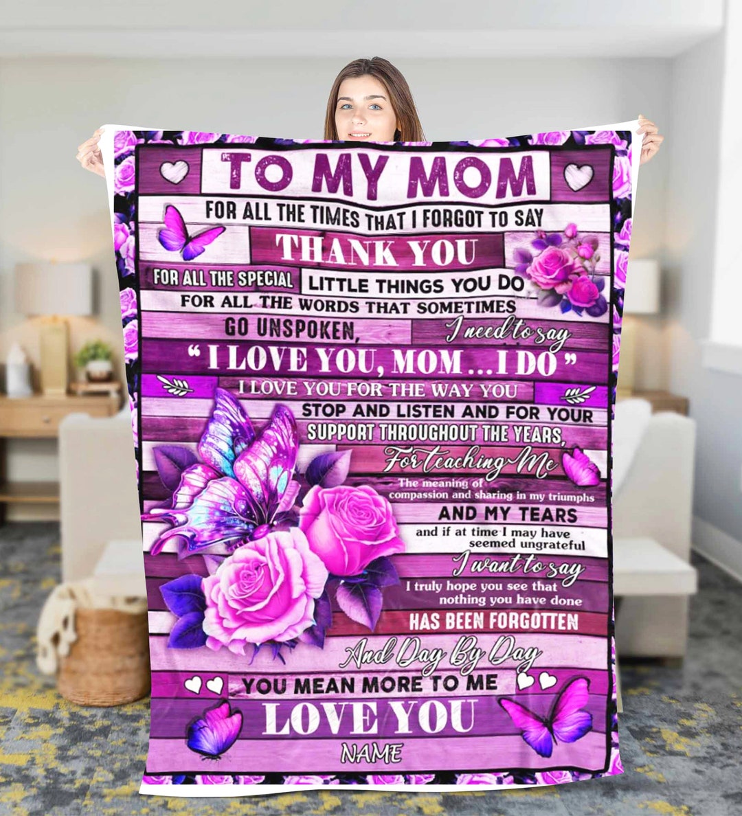 Personalized to My Mom Flower Fleece Sherpa Blanket, Custom Birthday