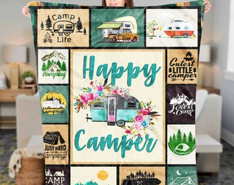 Happy Camper Camping Fleece Sherpa Blanket, Christmas blanket gift, Birthday gift, Camping home decor Camping blanket, Camper blanket