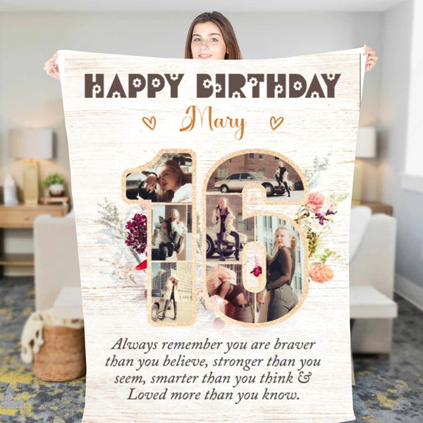 Custom photos 16 Year Old Birthday Gift, Happy 16th Birthday Blanket, Gift for 16th birthday, blanket for daughter's birthday, photo blanket
