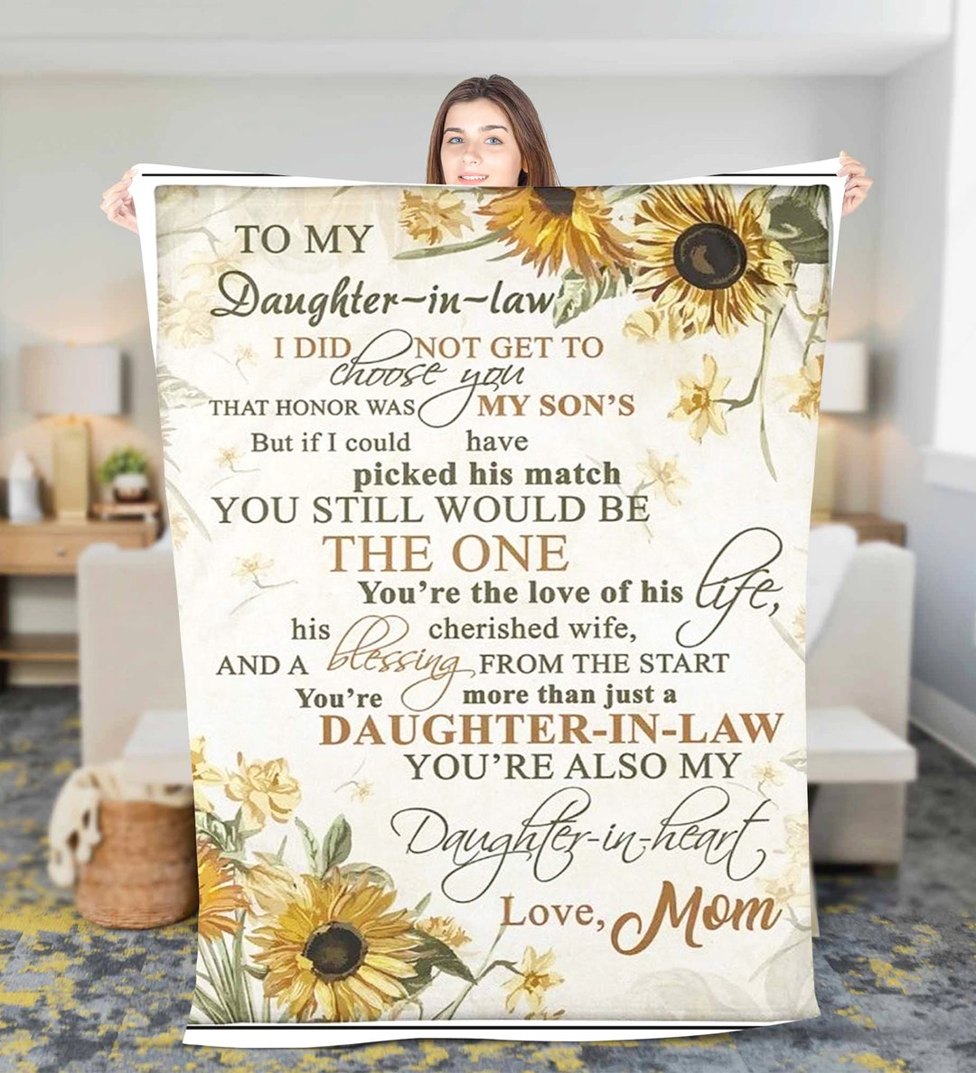 Personalized to My Daughter in Law Sunflower Fleece Sherpa Blanket