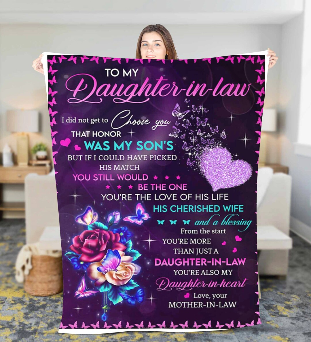 Personalized to My Daughter in Law Flower Fleece Sherpa Blanket