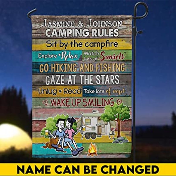 Camping rules,Fire place,Gift for camper,Outdoor Fire Pit,outdoor picnic,happy camper,lake house,cabin decor, personalized flag custom flags
