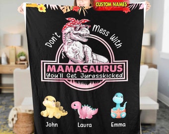 Personalized Don't Mess With Mamasaurus Fleece Sherpa Blanket, Custom Birthday Best Gift For Mom, Mom Blanket, Mother's day blanket gift