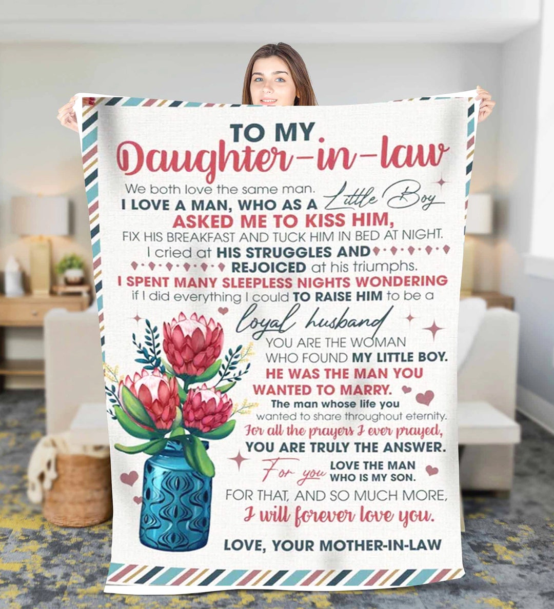 Personalized to My Daughter in Law Flower Fleece Sherpa Blanket