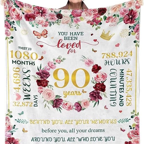 Custom 90th Birthday Gifts for Women Best 90th Birthday Gifts Ideas 90 Year Old Birthday Gifts for Mom Fleece Sherpa Blanket Happy Decor