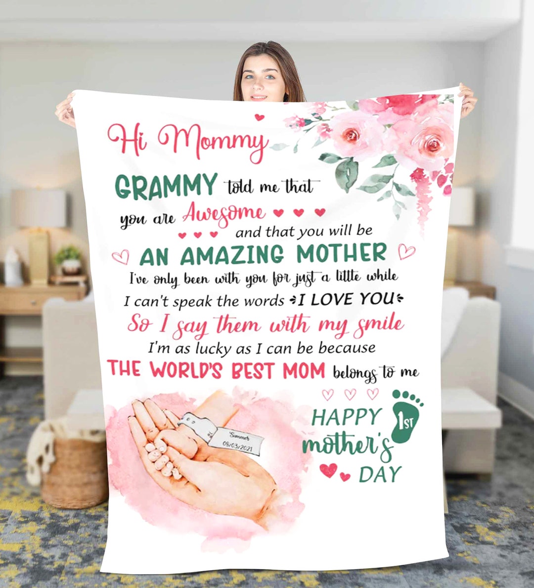 Personalized Dear Mommy Fleece Throw Blanket - Gift Idea For Mom/Mother's Day - I Love You With A Smile Happy First Mother's Day