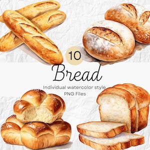 Clipart di pane ad acquerello, PNG di panetteria per uso commerciale POD, ClipArt di prodotti da forno per sublimazione diari spazzatura e scrapbooking