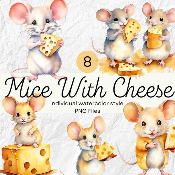 Aquarell Mäuse mit Käse Clipart, Märchen PNG für kommerzielle Nutzung POD, wunderliche Maus für Sublimation Junk Journals & Scrapbooking