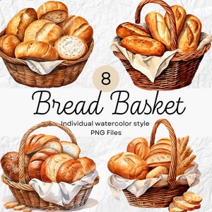 Aquarelle pain panier Clipart, boulangerie PNG pour un usage Commercial POD, produits de boulangerie Clip arts pour sublimation Junk journaux & Scrapbooking