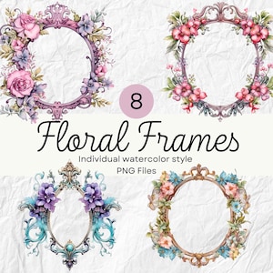 Könnte beinhalten: Satz von acht Aquarell-Blumenrahmen mit verzierten goldenen, rosa und blauen Details. Die Rahmen sind perfekt, um Ihren Designs einen Hauch von Eleganz zu verleihen.