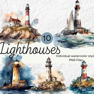 Watercolor Lighthouse Clipart, Ocean PNG For Commercial Use POD, Sea Clipart For Sublimation Junk Journals & Scrapbooking