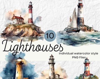 May include: A set of 10 watercolor illustrations of lighthouses. Each lighthouse is depicted in a unique style with different colors and details. The illustrations are perfect for adding a nautical touch to your designs.