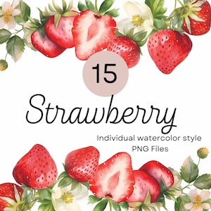15 aquarelle fraise Clipart, botanique PNG à usage commercial, printemps été Berry Illustrations pour faire-part de mariage, Clipart de fruits