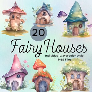 20 Forest Fairy Houses PNG Clipart Bundle para POD, cogumelo mágico caprichoso fantasia fada gnomo ilustração de fundo transparente
