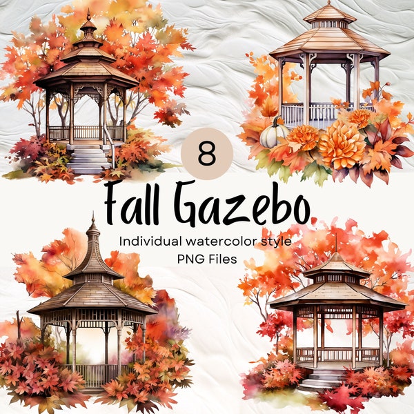 Watercolor Fall Garden Gazebo Clipart, Pergola PNG For Commercial Use POD, Autumn Clip arts For Sublimation Junk Journals & Scrapbooking