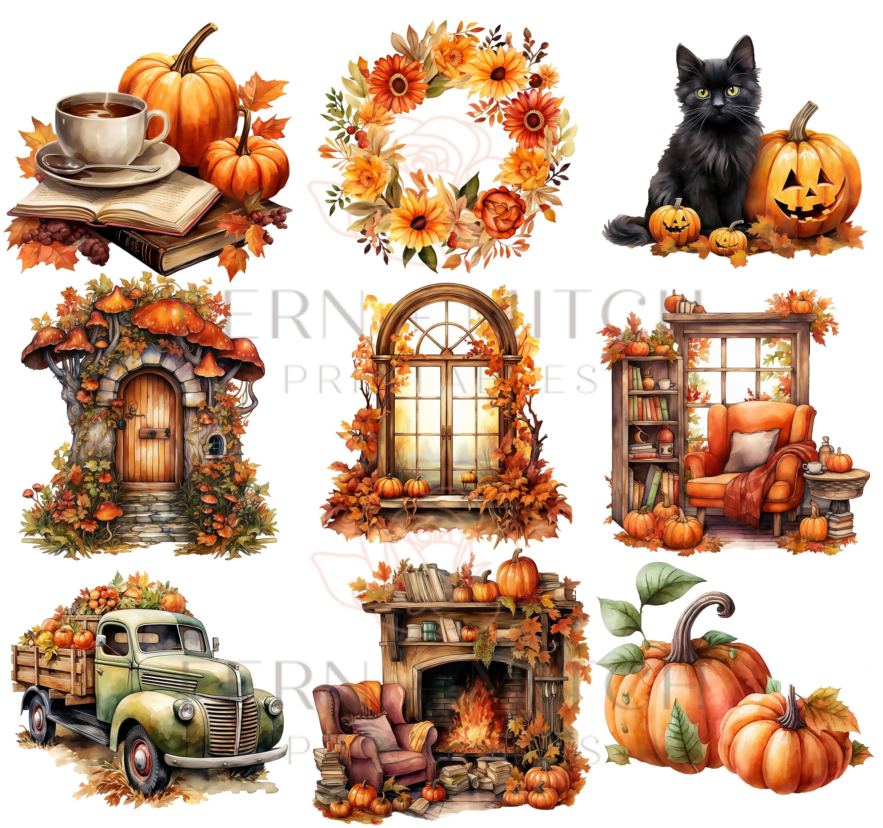 Watercolor Fall Clipart Autumn Harvest PNG for Commercial Use - Etsy