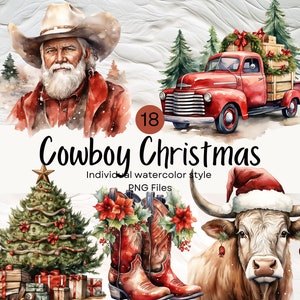 Aquarell Cowboy Weihnachten Bundle Clipart, Western PNG für kommerzielle Nutzung POD, Winter Clipart für Sublimation Junk Journals & Scrapbooking