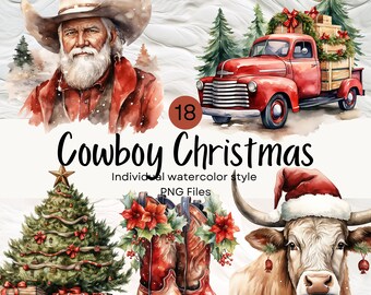 Könnte beinhalten: Aquarellillustrationen mit einem Cowboy, einem roten LKW mit Geschenken, einem Weihnachtsbaum, Cowboy-Stiefeln und einem Longhorn mit Weihnachtsmütze. Der Text "Cowboy Christmas" ist zu sehen. Die Bilder sind im Aquarellstil gehalten.