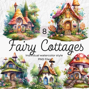 Aquarela Fairy House Clipart, Fairytale Home PNG para uso comercial POD, Fantasy Cottage para sublimação Junk Journals & Scrapbooking