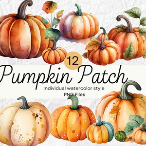 Op de afbeelding: Een set van 12 aquarel-stijl pompoenillustraties in verschillende tinten oranje, geel en wit. De pompoenen zijn in een cluster gerangschikt, waarbij sommige elkaar overlappen. De tekst "Pumpkin Patch" en "Individuele aquarel-stijl PNG-bestanden" wordt onder de pompoenen weergegeven.