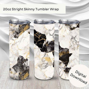 Black White And Gold Marble 20oz Skinny Straight Tumbler Wrap, Sublimation Agate PNG Commercial Use & POD, Instant Download Seamless Pattern