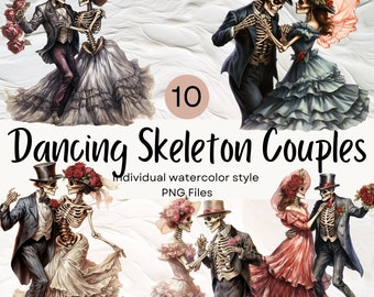 Watercolor Dancing Skeleton Couple Clipart, Vintage PNG For Commercial Use POD, Clipart For Sublimation Junk Journals & Scrapbooking