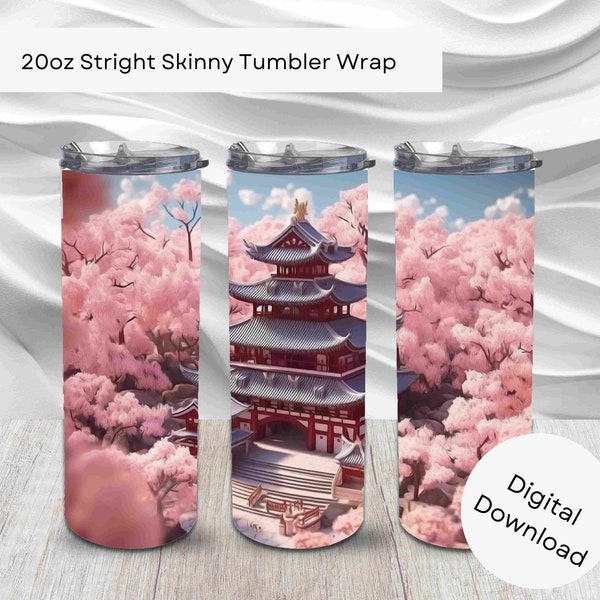 3D Japanese Temple 20oz Skinny Straight Tumbler Wrap, Sublimation Commercial Use POD, Cherry Blossom Instant Download Digital Art Background