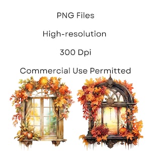 May include: Two watercolor illustrations of windows decorated with fall foliage. The windows are framed in dark wood and have a vintage look. One window has a view of a sunny landscape, while the other window has a view of a forest.